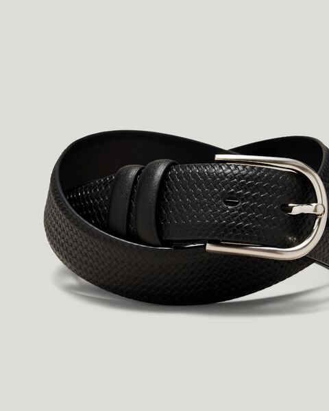 Textured leather belt, Black, hi-res